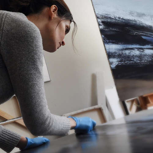 Artist Nathalie Marcotte in her studio. See her portfolio by visiting www.ArtsyShark.com