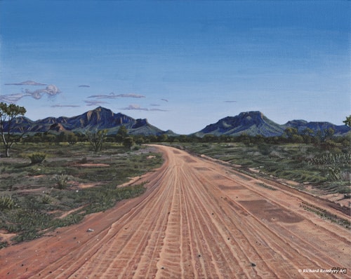 “On the Road to Papunya” Acrylic on Canvas, 25.5cm x 21.5cm by artist Richard Rosebery. See his portfolio by visiting www.ArtsyShark.com