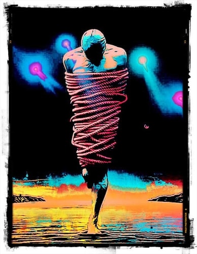 “Tied Up in Space” Acrylic and Marker, 24” x 48” by artist Dominick Conde. See his portfolio by visiting www.ArtsyShark.com