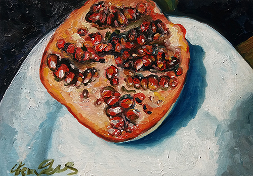 "Pomegranate in Dark Blue" Oil on Wood, 30" x 21" by Artist Věra Hrubá. See her portfolio by visiting www.ArtsyShark.com