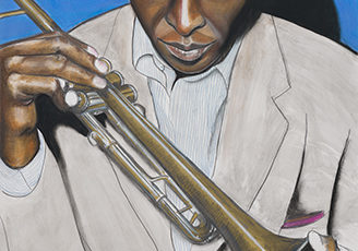 "Miles Davis Kinda Blue" Ink, Watercolor, Pastel, Pencil and Conte on Paper, 25" x 38" by artist Carl H. Bradford. See his portfolio by visiting www.ArtsyShark.com