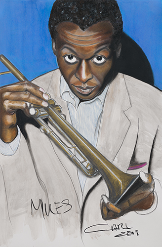"Miles Davis Kinda Blue" Ink, Watercolor, Pastel, Pencil and Conte on Paper, 25" x 38" by artist Carl H. Bradford. See his portfolio by visiting www.ArtsyShark.com