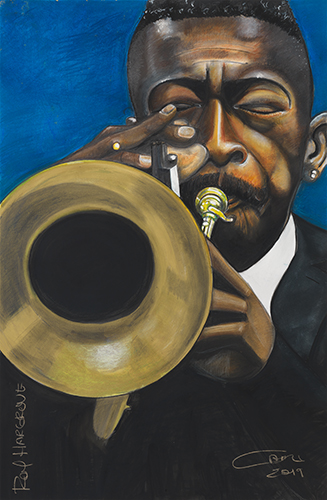 "Roy Hargrove" Ink, Watercolor, Pastel, Pencil and Conte on Paper, 25" x 37" by artist Carl H. Bradford. See his portfolio by visiting www.ArtsyShark.com