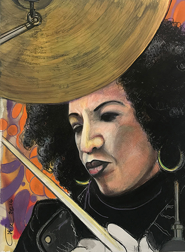 "Cindy Blackman-Santana" Ink, Watercolor, Pastel, Pencil and Conte on Paper, 25" x 38" by artist Carl H. Bradford. See his portfolio by visiting www.ArtsyShark.com