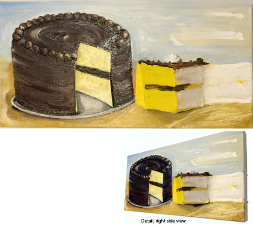 “Piece of Cake” Mixed Media on Canvas, 24” x 12” x 3” by artist Efrat Baler-Moses. See her portfolio by visiting www.ArtsyShark.com