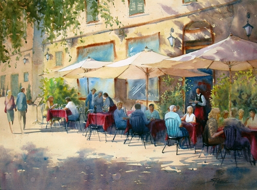 “Al Fresco” Watercolor, 29” x 21” by artist Sandra Pearce. See her portfolio by visiting www.ArtsyShark.com