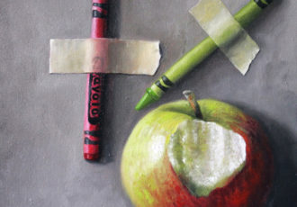 “Back To School” Oil on Canvas, 10” x 10” by artist Barney Levitt. See his portfolio by visiting www.ArtsyShark.com