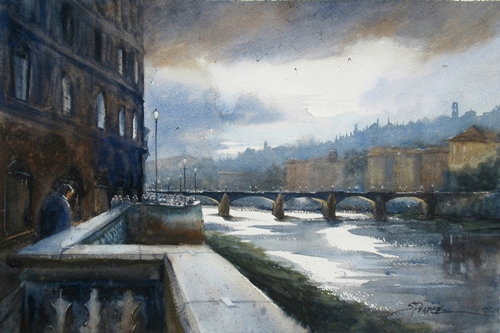 “Buongiorno Rio Arno” Watercolor, 21” x 14” by artist Sandra Pearce. See her portfolio by visiting www.ArtsyShark.com