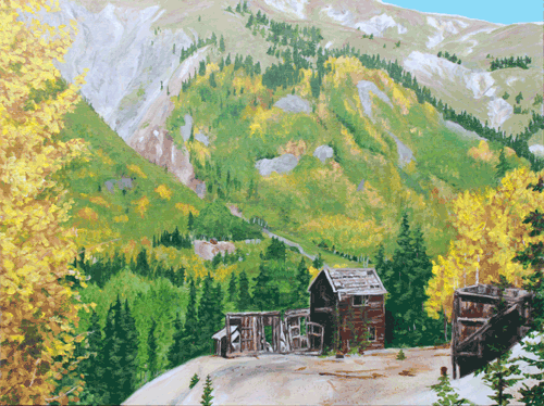 “Cabin Landscape” Acrylic, 24” x 18” by artist Diane Jorstad. See her portfolio by visiting www.ArtsyShark.com