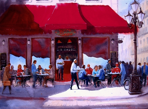“Café et Conversations” Watercolor, 29” x 21” by artist Sandra Pearce. See her portfolio by visiting www.ArtsyShark.com