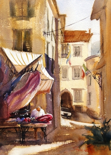 “Carpets to Drapes, Fivizzano” Watercolor, 10” x 14” by artist Sandra Pearce. See her portfolio by visiting www.ArtsyShark.com