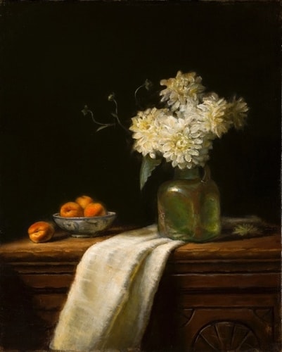 "Chrysanthemums & Green Glass" Oil, 16" x 20" by artist Rachele Nyssen. See her portfolio by visiting www.ArtsyShark.com