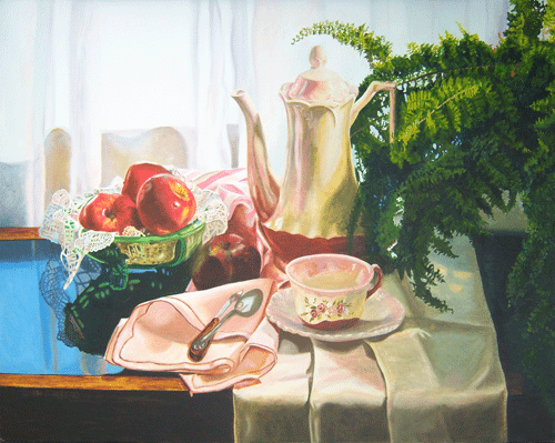 “Fern Teapot” Oil, 30” x 24” by artist Diane Jorstad. See her portfolio by visiting www.ArtsyShark.com