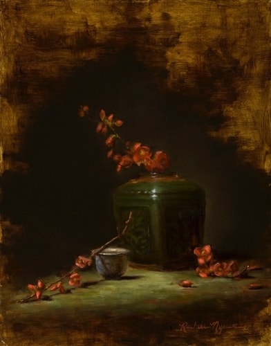 "Ginger Jar & Quince" Oil, 9" x 12" by artist Rachele Nyssen. See her portfolio by visiting www.ArtsyShark.com