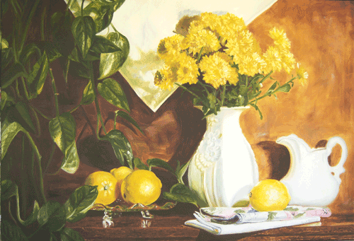 “Golden Lemons” Oil, 36” x 24” by artist Diane Jorstad. See her portfolio by visiting www.ArtsyShark.com