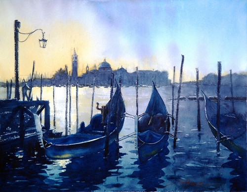 “Gondolas at Sunrise” Watercolor, 14” x 10” by artist Sandra Pearce. See her portfolio by visiting www.ArtsyShark.com