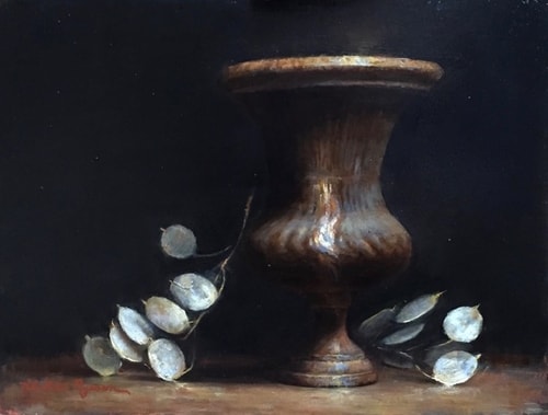 "Iron Vase & Silver Dollars" Oil on Panel, 12" x 9" by artist Rachele Nyssen. See her portfolio by visiting www.ArtsyShark.com