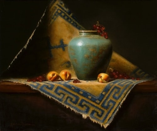 "Lichen Vase Peaches" Oil on Canvas, 24" x 20" by artist Rachele Nyssen. See her portfolio by visiting www.ArtsyShark.com
