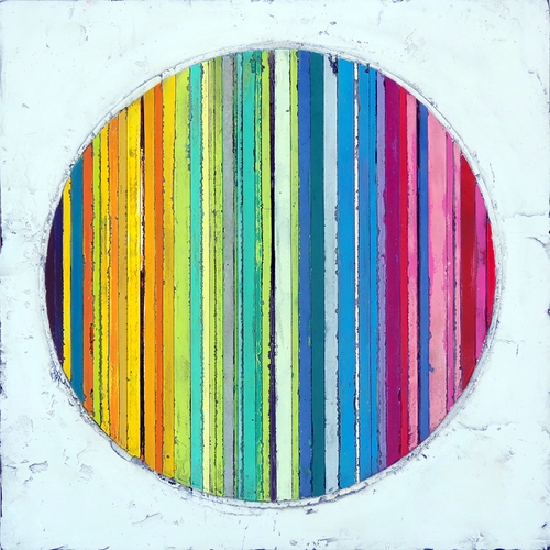 “Circle Squared” Marble Dust Plaster/Cement Mixture, Acrylic, Enamel and Waxes on Wood Panel, 30” x 30” by artist Curtis Olson. See his portfolio by visiting www.ArtsyShark.com