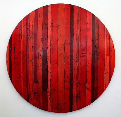 “Disc-Like Object (Red)” Marble Dust Plaster/Cement Mixture, Acrylic, Enamel and Waxes on Wood Panel, 48” x 48” by artist Curtis Olson. See his portfolio by visiting www.ArtsyShark.com