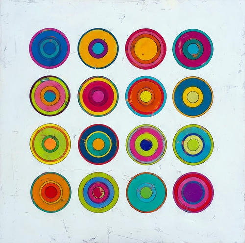 “Eccentric” Marble Dust Plaster/Cement Mixture, Acrylic, Enamel and Waxes on Wood Panel, 36” x 36” by artist Curtis Olson. See his portfolio by visiting www.ArtsyShark.com