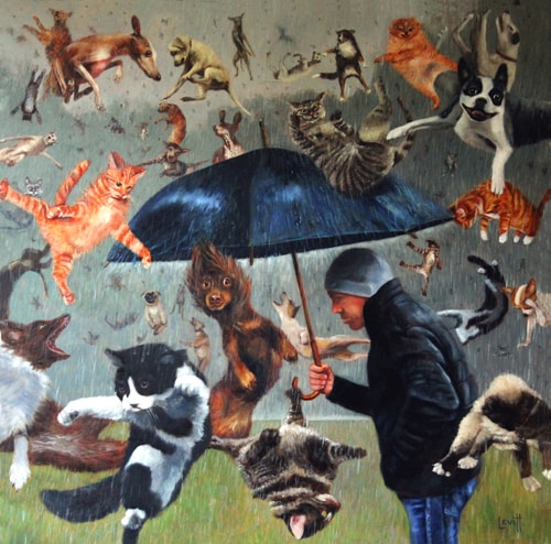 “Raining Cats And Dogs” Oil on Canvas, 30” x 30” by artist Barney Levitt. See his portfolio by visiting www.ArtsyShark.com