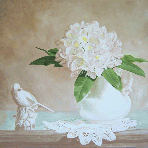 “Rhododendron and Bird” Oil, 24” x 24” by artist Diane Jorstad. See her portfolio by visiting www.ArtsyShark.com