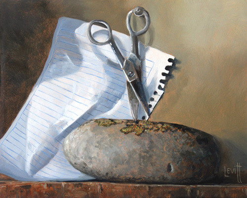 “Rock Paper Scissors II” Oil on Panel, 10” x 8” by artist Barney Levitt. See his portfolio by visiting www.ArtsyShark.com