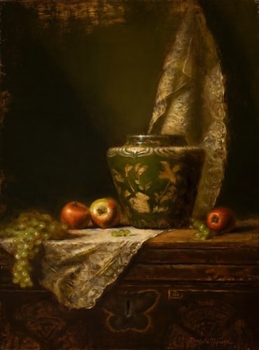 "Vessel Grapes Peaches" Oil on Linen, 20" x 28" by artist Rachele Nyssen. See her portfolio by visiting www.ArtsyShark.com