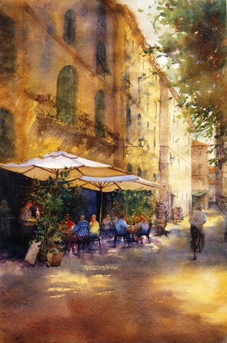 “Vino con gli Amici (Piazza Napoleone, Lucca)” Watercolor, 14” x 21” by artist Sandra Pearce. See her portfolio by visiting www.ArtsyShark.com
