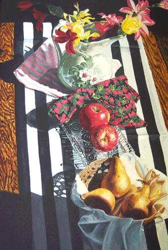 “Stripes & Fruit Forever” Oil, 24” x 36” by artist Diane Jorstad. See her portfolio by visiting www.ArtsyShark.com