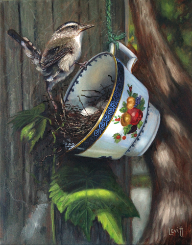 “Wren In A Teacup” Oil on Canvas, 11” x 14” by artist Barney Levitt. See his portfolio by visiting www.ArtsyShark.com