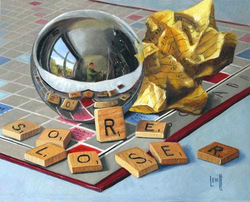 “Sore Loser” Oil on Panel, 10” x 8” by artist Barney Levitt. See his portfolio by visiting www.ArtsyShark.com