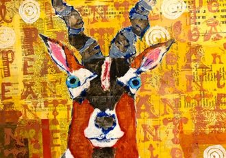 “Antelope in an Ascot” Mixed Media Collage and Ink on Wood Panel, 16” x 16” x 1.5” by artist Karen Stanton. See her portfolio by visiting www.ArtsyShark.com