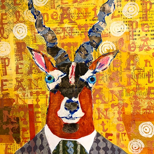 “Antelope in an Ascot” Mixed Media Collage and Ink on Wood Panel, 16” x 16” x 1.5” by artist Karen Stanton. See her portfolio by visiting www.ArtsyShark.com