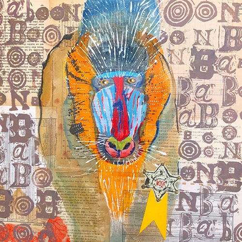 “Badass Baboon with a Badge” Mixed Media Collage and Ink on Wood Panel, 14” x 18” x 1.5” by artist Karen Stanton. See her portfolio by visiting www.ArtsyShark.com