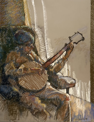 “Banjo Boy” Pastel, 20” x 35” by artist Ellen Dreibelbis. See her portfolio by visiting www.ArtsyShark.com