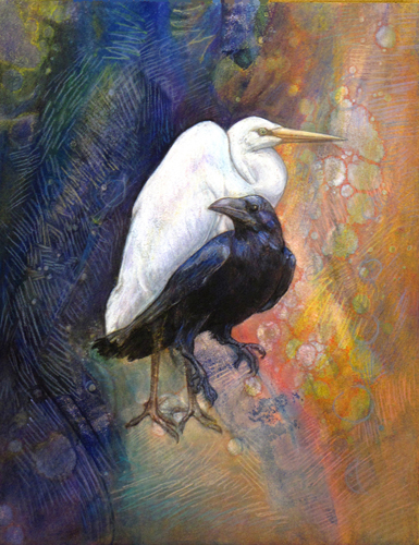 "Before There Was Anything Heron and Crow Were There" Monoprint with Mixed Media, 10.5" x 12.5" by artist Sharmon Davidson. See her portfolio by visiting www.ArtsyShark.com