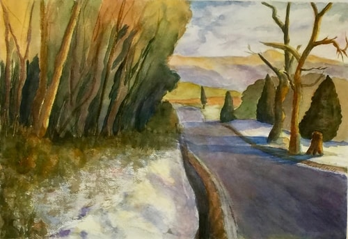 "Winter Drive" Watercolor, 20" x 14" by Artist Elise Nicely