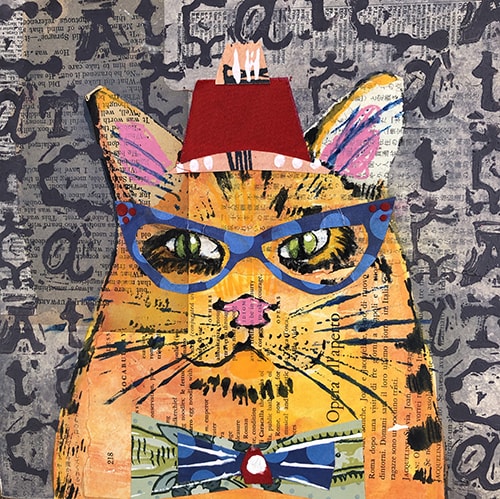“Gato con Gafas” Mixed Media Collage and Ink on Wood Panel, 10” x 10” x 1.5” by artist Karen Stanton. See her portfolio by visiting www.ArtsyShark.com