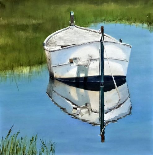 "White Rowboat Muse 1" Oil on Canvas, 24" x 24" by Artist Gia Schifano. See her portfolio by visiting www.ArtsyShark.com