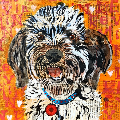 “Kevin the Dog” Mixed Media Collage and Ink on Wood Panel, 10” x 10” x 1.5” by artist Karen Stanton. See her portfolio by visiting www.ArtsyShark.com
