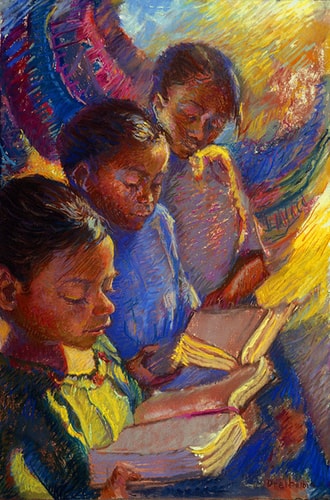 “Mexican Girls Reading” Pastel, 16” x 26” by artist Ellen Dreibelbis. See her portfolio by visiting www.ArtsyShark.com