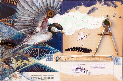 "Theory of Flight" Mixed Media Collage on Book Cover, 16" x 11" by artist Sharmon Davidson. See her portfolio by visiting www.ArtsyShark.com