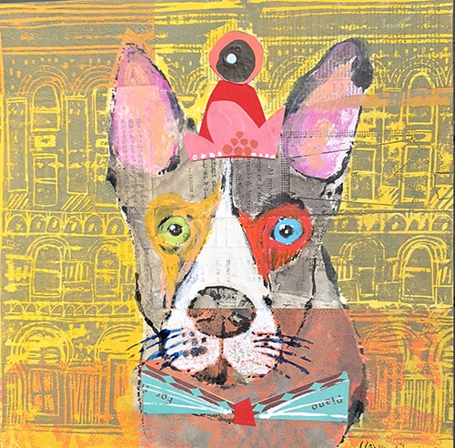 “Upper East Side Dog” Mixed Media Collage and Ink on Wood Panel, 10” x 10” x 1.5” by artist Karen Stanton. See her portfolio by visiting www.ArtsyShark.com