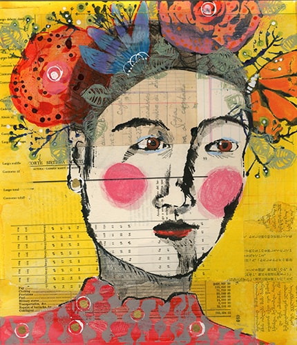 “Woman with Flowers” Mixed Media Collage and Ink on Paper, 11” x 14” by artist Karen Stanton. See her portfolio by visiting www.ArtsyShark.com