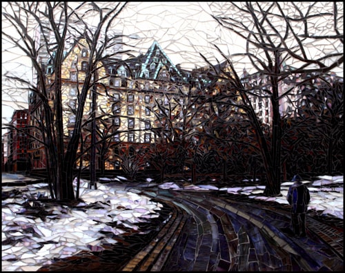 “Central Park in the Snow” Glass Mosaic, 36” x 30” by artists Sandra and Carl Bryant. See their portfolio by visiting www.ArtsyShark.com