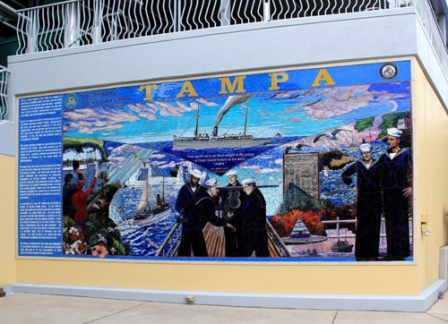 “Heroes of the Tampa” (Installed in the Tampa Bay History Center) Glass Mosaic, 23’ x 10.5’ by artists Sandra and Carl Bryant. See their portfolio by visiting www.ArtsyShark.com
