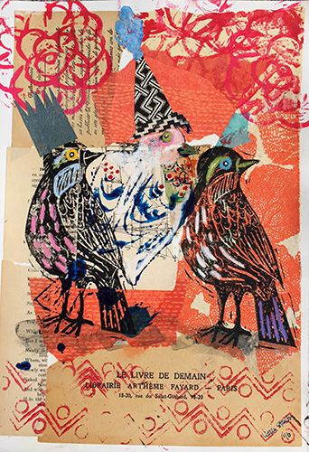 “My Favorite Birds” Mixed Media Collage and Ink on Paper, 12” x 16” by artist Karen Stanton. See her portfolio by visiting www.ArtsyShark.com