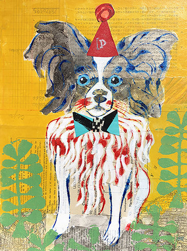 “Papillon in Party Hat” Mixed Media Collage and Ink on Wood Panel, 8” x 10” x 1”